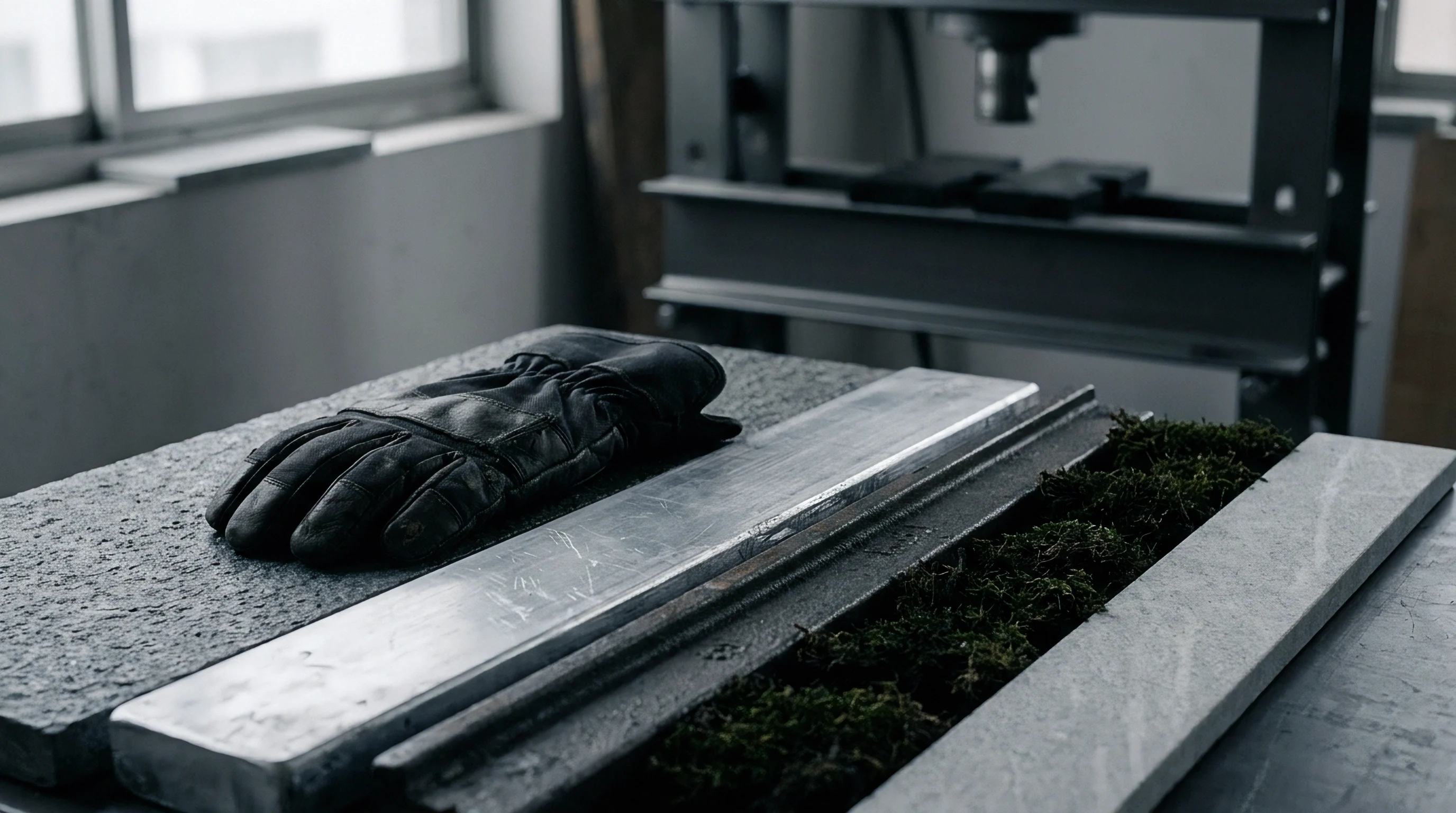 A leather work glove rests beside a polished metal bar and organic material on a stone inspection table inside a machine shop.